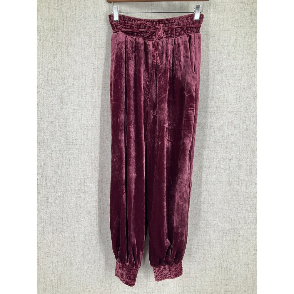Anthropologie Velvet Joggers Womens S Burgundy Smocked Slouchy Boho Luxuryβ
